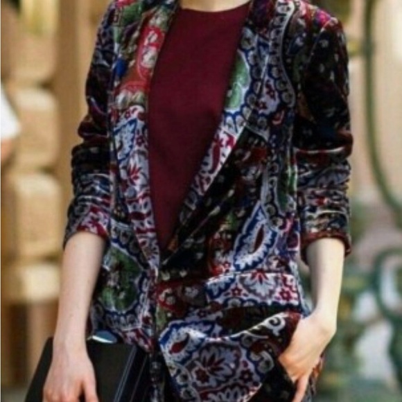 ZARA Mulberry Silk Paisley Print Velvet Blazer Sz M Boho Eclectic Romantic - Picture 4 of 15